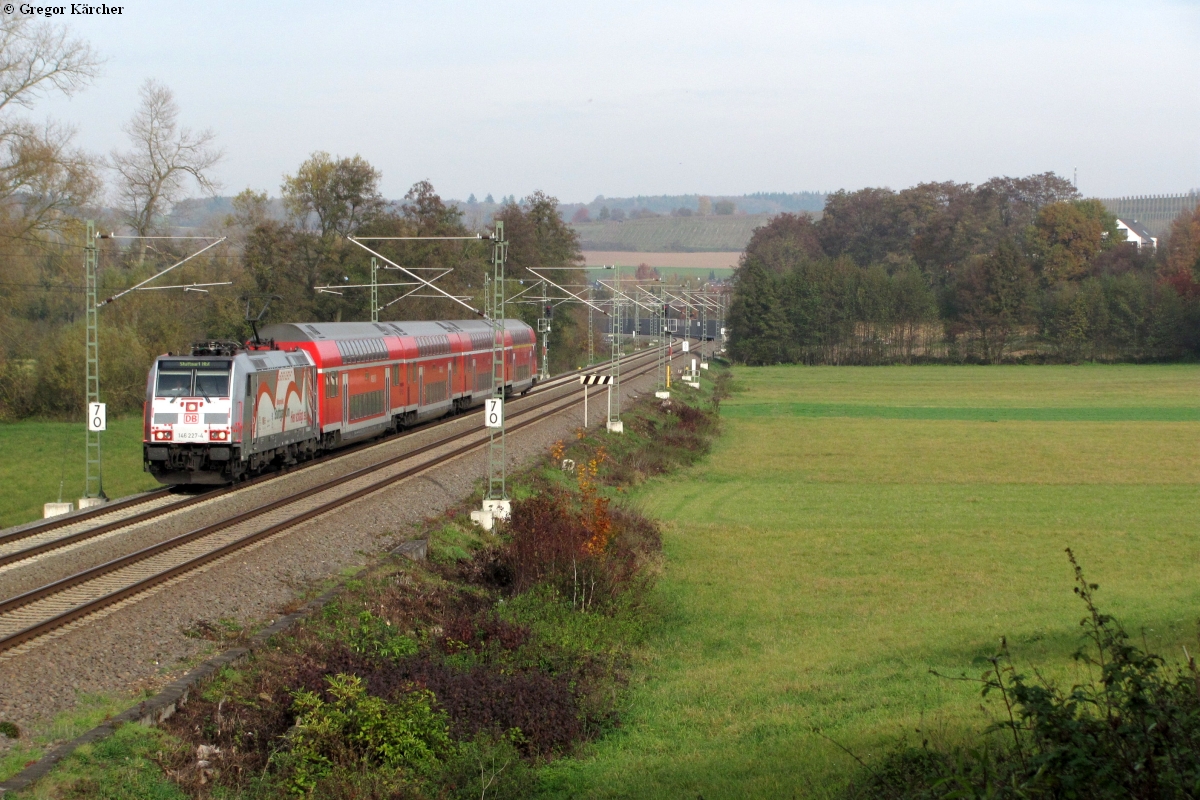 Die für das Bahnprojekt Stuttgart-Ulm werbende 146 227 mit einem RE nach Stuttgart bei Heidelsheim, 04.11.2011.