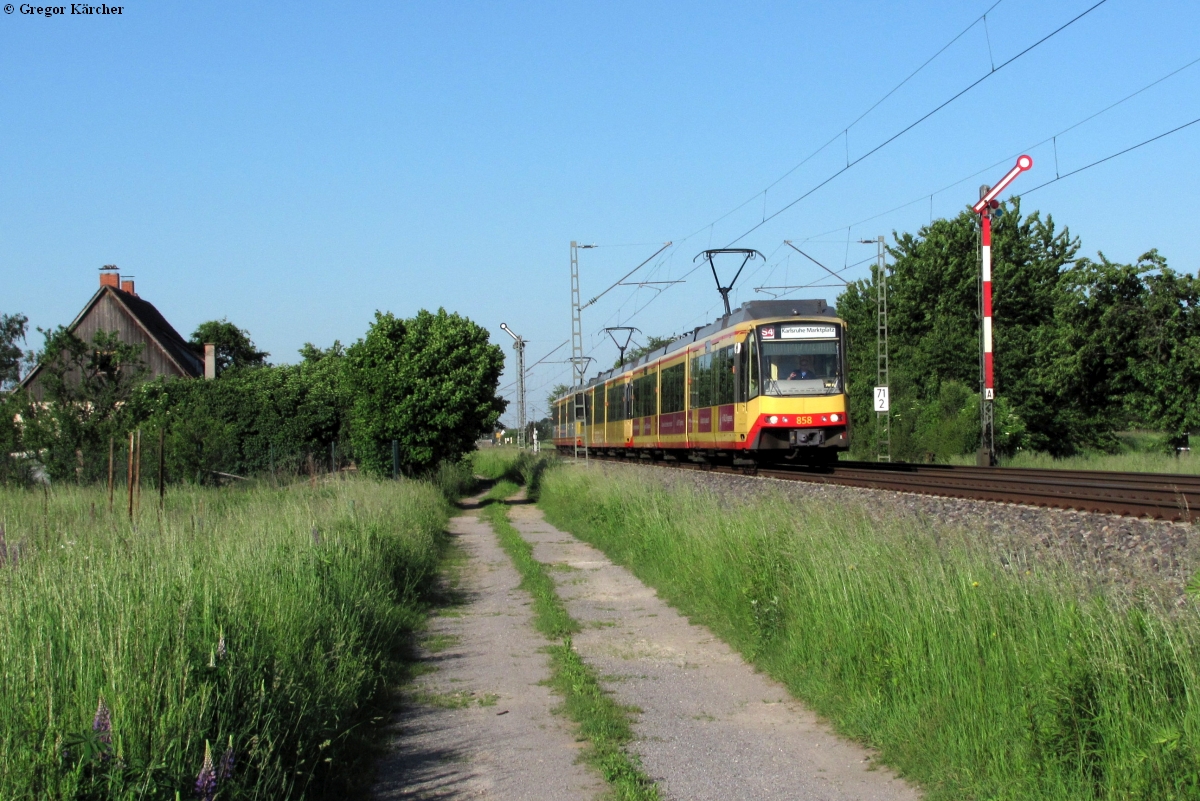 Ein Langzug gebildet aus 3 Triebwagen, angeführt von Triebwagen 858 mit Werbung von besserreisen.com an der BK Basheide bei Durmersheim, 25.05.2012.