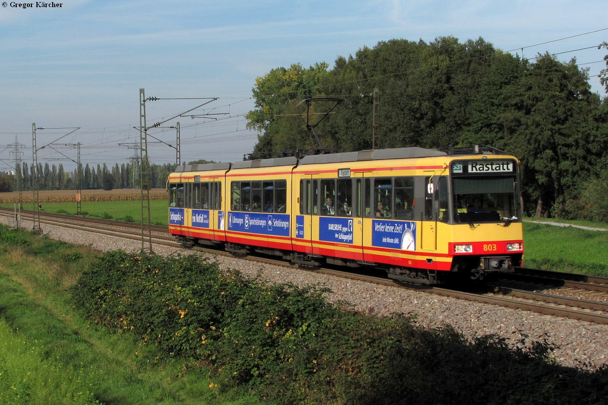 Insgesamt 2 Monate lang warben die 3 Triebwagen 803, 804 und 807 mit dieser Werbung  Karlsruhe gegen den Schlaganfall . Hier TW 803 mit seinem Werbekleid, das er nur 2 Monate drauf hatte bei Ettlingen West, 29.09.2011.