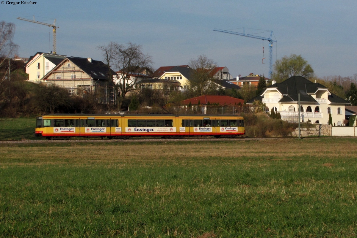 TW 802 mit Werbung für das Ensinger Mineralwasser vor der Ortskulisse von Oberöwisheim am 23.03.2011.