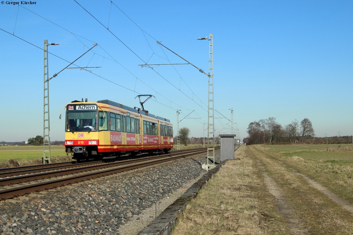 TW 819 als S7 nach Achern bei Forchheim kurz vor der Basheidebrücke, 24.02.2014.