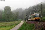 Nebel im Juli gibt es auch nicht alle Tage. Aber so war es am 17.05.2012 im oberen Murgtal als TW 913 (seit Dez. 15 nach eine Unfall in Schopfloch abgestellt) und RegioBistro 84* zwischen Röt und Huzenbach unterwegs waren.