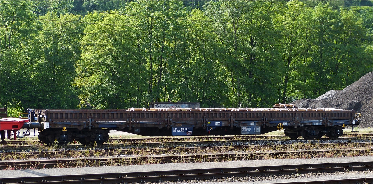 . Der vierachsige Flachwagen der Bauart Rens(s); (31 RIV 82 L-CFLCA 3990 048-9); steht beladen im Bahnhof von Ettelbr�ck. (Hans)

Technische Daten:

L�nge �ber Puffer: 19.900 mm;  Ladel�nge:   18.500 mm; 
max. Wagenbreite:  3.026 mm;   Ladebreite:   2.660 mm; 
Drehzapfenabstand:   14.860 mm;  Nutzbare Bodenfl�che  ca 49 m�;
Leergewicht:   25500 Kg;   max. Zuladung:   74500 kg;
Max. Geschwindigkeit leer / beladen  120 – 100 km/h;
Holzboden aus L�rchenholz, Aufbau mit 2 Stirnwandklappen; 18 Seitenwandklappen; 4 versenkbare Stirnwanderungen; 16 versenkbare Seitenwanderungen;16 Klapprungen; 18 Binde�sen im Boden.
Die Wagen sind �berwiegend zum Transport von Maschinenbauteilen sowie von Stra�enfahrzeugen und landwirtschaftlichen  Fahrzeugen vorgesehen. Die Wagen entsprechen den Anforderungen  zum befahren von F�hrschiffen.


