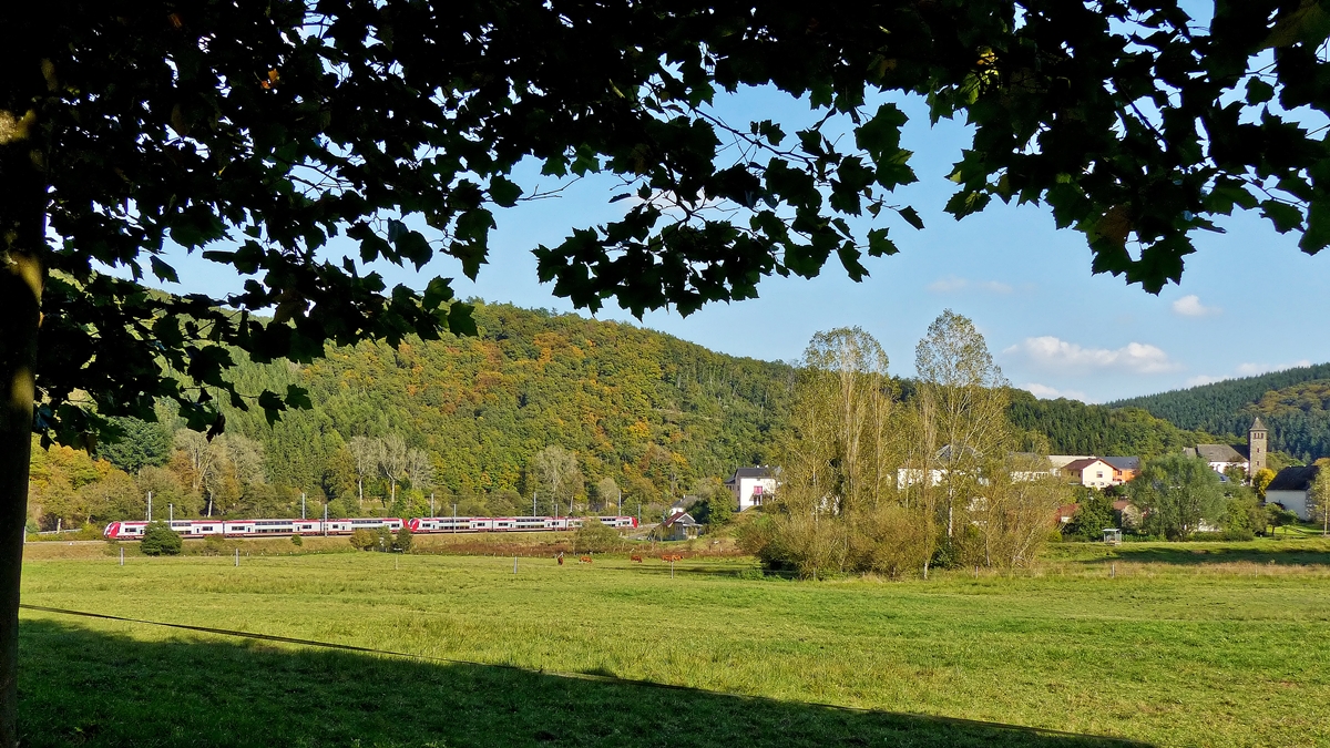 . Goldener Oktober - Der IR 3741 Troisvierges - Luxembourg, bestehend aus zwei gekuppelten Triebz�gen der S�rie 2200, f�hrt am 03.10.2014 durch das beschauliche Tal der Clerve kurz bevor er die Haltestelle Drauffelt erreicht. (Jeanny)