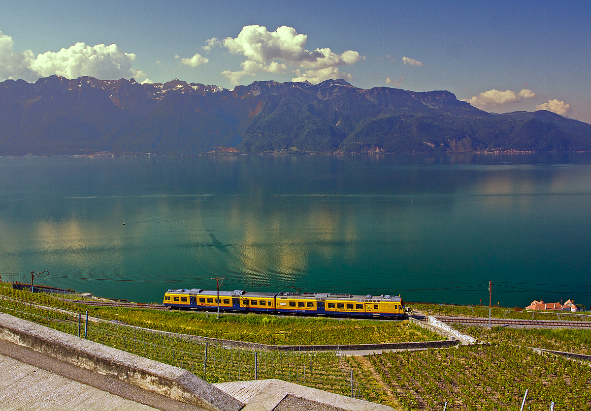 Abschied von diesem Zug wohl in dieser Farbgebung zum letzten Mal zusehen war. Am 28.05.2012 verkehrte der  Train des Vignes  (S31 -  Puidoux-Chexbres nach Vevey) wohl zum letzten Mal in dieser Zugskomposition  (SBB RBDe 560 131-5 mit Steuerwagen Bt 50 85 29-35 931-9) und Farbgebung. In der N�he von Chexbres macht er seinem Namen alle Ehre in den Weinbergen des Lavaux hoch �ber dem Genfersee, hier f�hrt er Richtung Vevey. 