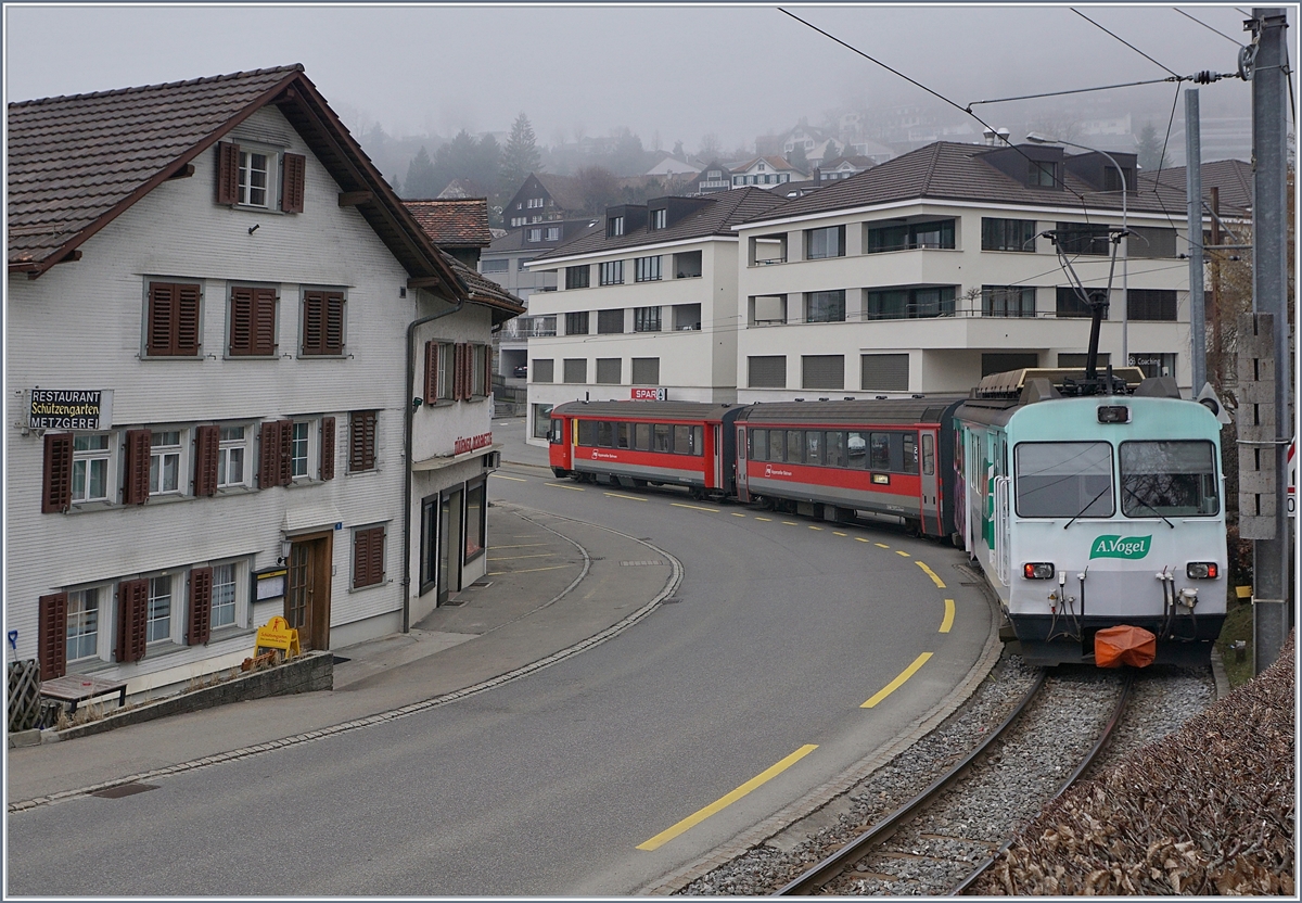 Der Appenzeller Bahn BDeh 4/4 No 14 mit der  Vogel  Werbung bei der Ausfahrt in Teufen.
17. M�rz 2018