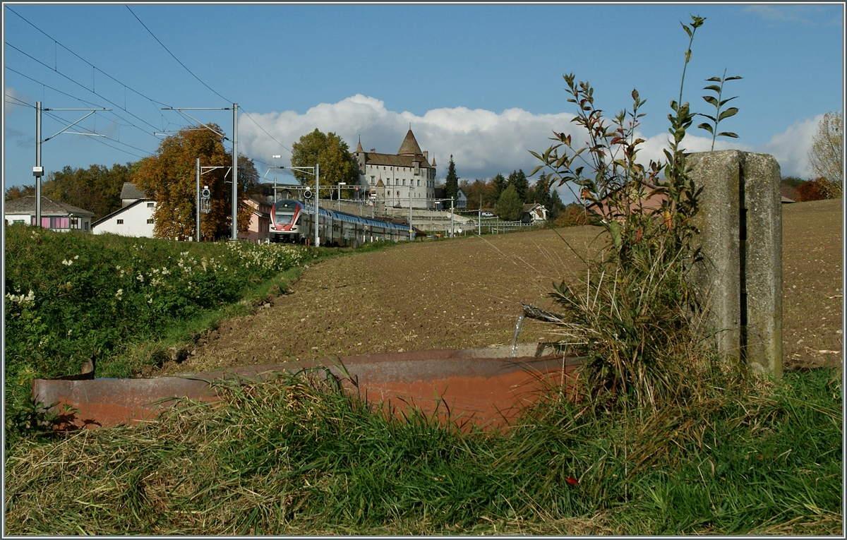 Der SBB RABe 511 114 auf seiner Fahrt von Romont nach Gen�ve in Oron.
30. Okt. 2013