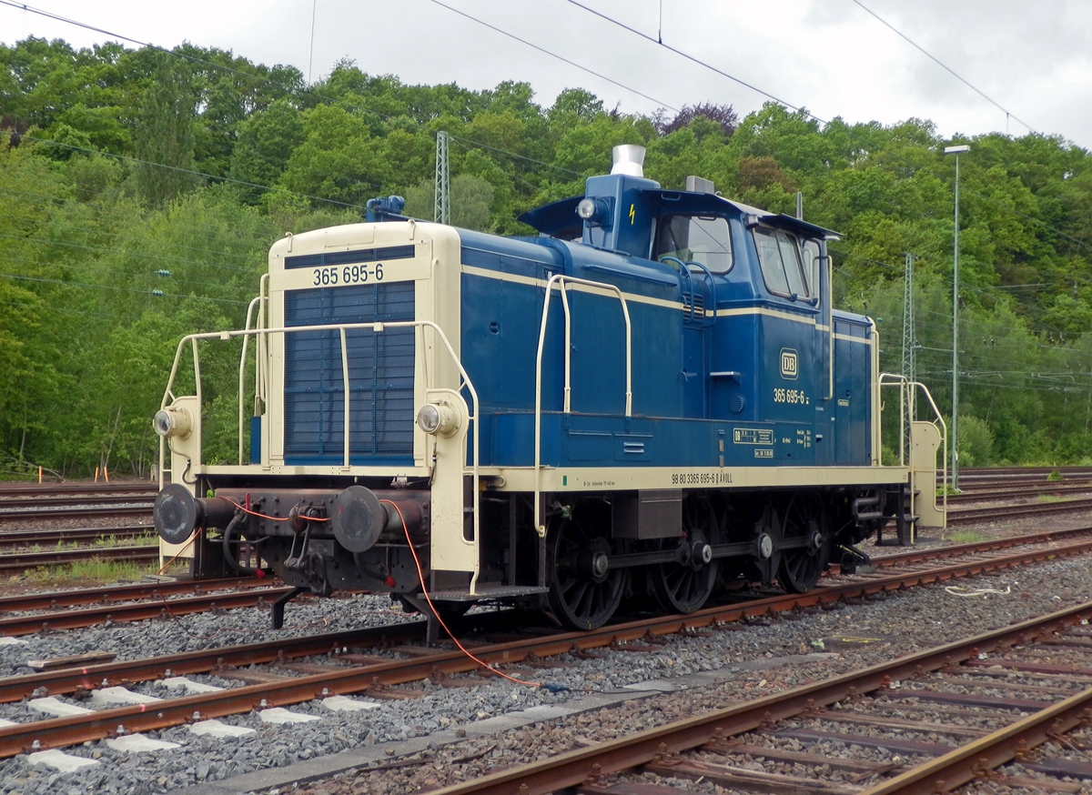 Die 365 695-6 der Aggerbahn (Andreas Voll e.K., Wiehl), ex DB V 60 695, ex DB 261 695-1 sowie ex DB 361 695-0, ist am 10.05.2014 in Betzdorf/Sieg abgestellt.

Die V60 der schweren Bauart wurde 1960 von MaK unter der Fabriknummer 600284 gebaut und als V 60 695 an die DB geliefert, 1968 erfolgte die Umzeichnung in 261 695-1, eine weitere Umzeichnung in 361 695-0 erfolgte 1987. Ein Umbau mit Einbau einer Funkfernsteuerungen und Umzeichnung in 365 695-6 erfolgte 1989. Bis zur z-Stellung im Mai 2005 lief die Lok bei der DB bzw. Railion Deutschland AG, die endgültige Ausmusterung erfolgte dann am 12.02.2007. Ab 2008 war die Lok bei GK Lokservice GbR (Duisburg), bis sie 2012 zur Aggerbahn kam. Hier trägt sie nun auch die NVR-Nummer 98 80 3365 695-6 D AVOLL.

Die Beschreibung brauchte ich nur zu kopieren und das Datum und den Ort verändern. ;-)