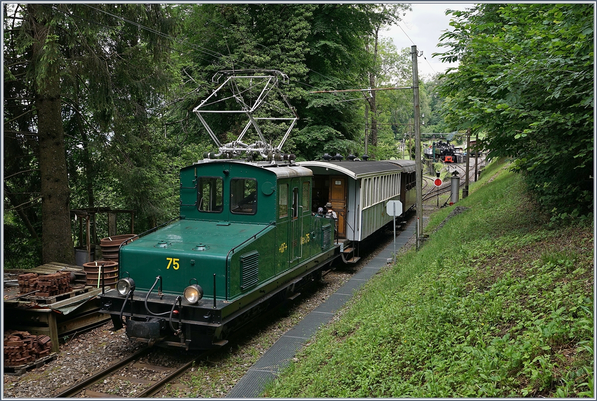Die +GF+ Ge 4/4 75 der Blonay-Chamby Bahn schiebt ihren Zug von Chamby nach Chaulin und hat ihr Ziel schon fast erreicht. Im Hintergrund wird die G 2x 2/2 105 für die Nachmittagsfahrten  vorbereitet.

13. Juni 2020