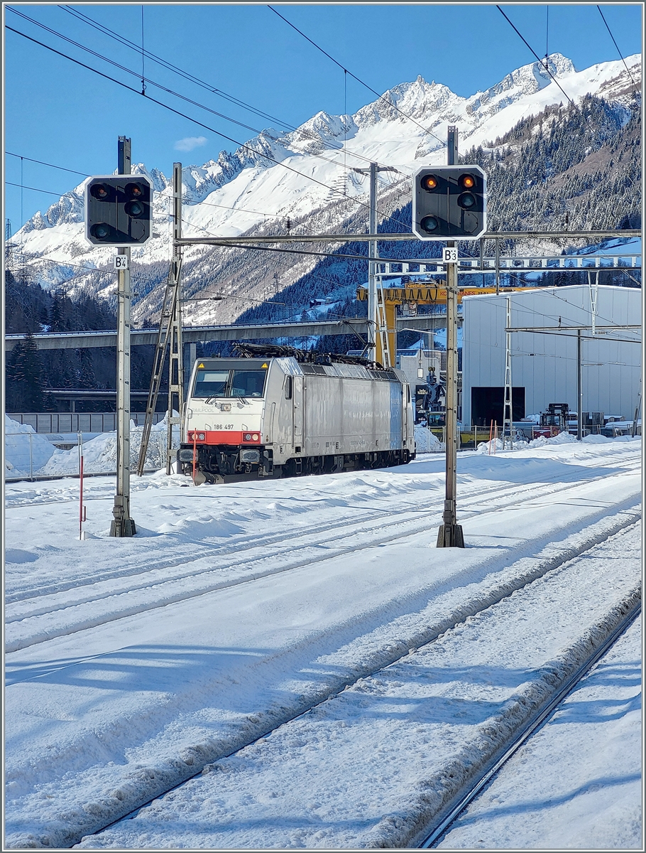 Die Railpool 186 497 wartet in Airolo bis ihr Zug mit Aushubmaterial beladen ist, um in dann nach Fl�elen zu bringen. Der Verladevorgang dauert etwa zwei Stunden. Das Bild entstand einem kurzen Ausgenblick,  als die Sonne auch diesen Teil des Bahnhofs erreichte.

25. Jan. 2025