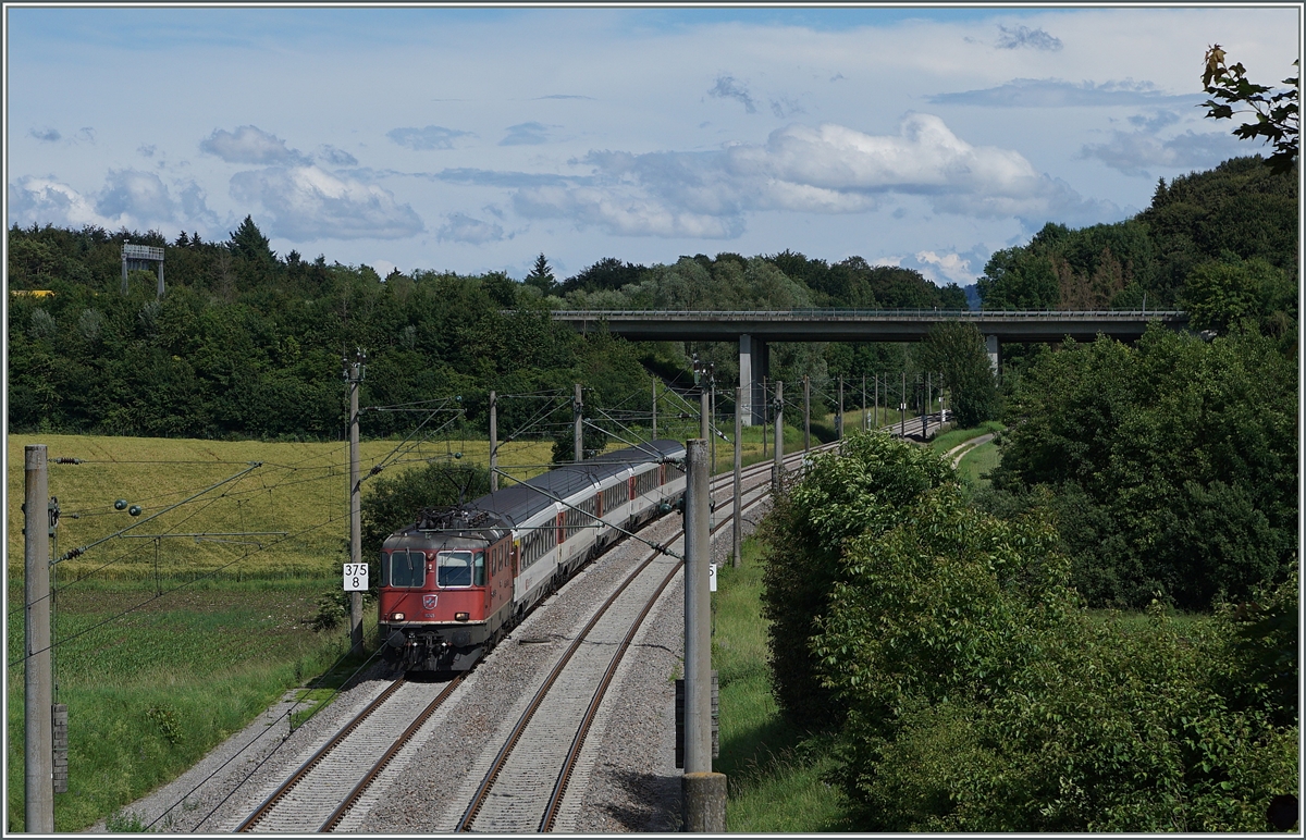 Die SBB Re 4/4 II 11245 hat den IC 187 von Stuttgart nach Z�rich in Singen von einer DB 101 �bernommen und f�hrt nun bei Bietingne Richtung Schweiz.
17. Juni 2016