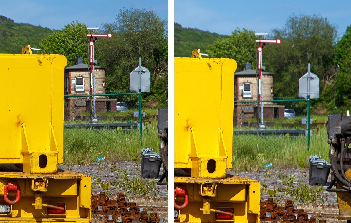 
Etwas Fotokunde zur Tiefensch�rfe:
Anhand dem Gleisbauanh�nger T5020-2 Schottermulden der DB Bahnbaugruppe GmbH, abgestellt am 18.05.2015 beim Bahnhof Herdorf.

Links mit Blende f = 20 und rechts mit Blende f = 11 

F�r den Vergleich habe ich hier einen Bildausschnitt gew�hlt, beide wurden jeweils 50% skaliert.  W�rde man hier die originalen Gr��en von 5.472 x 3.648 Pixel auf 1.200 x 800 Pixel verkleinern, so w�re der Unterschied nicht so deutlich. 

Man muss aber wissen die Werte gelten nur f�r eine Vollformatkamera (Sensorgr��e  35,8 mm � 23,9 mm „Kleinbild“), bei APS-H oder gar bei kleineren Sensorgr��en sieht es ganz anders aus. 
