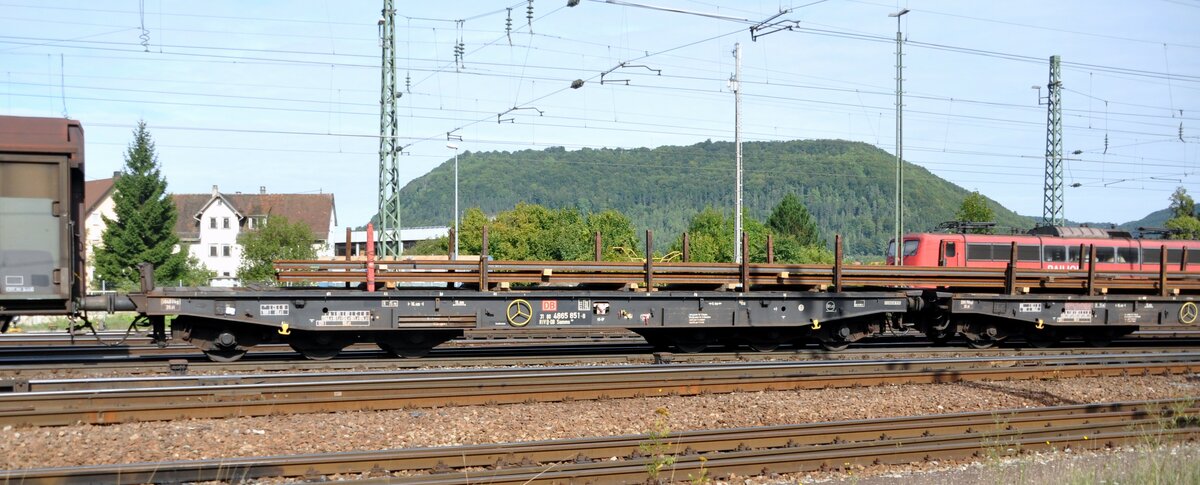 Flachwagen 31 80 4 865 851-0 RIV D-DB Samms 709 6-achsig mit gleichem Wagen gekuppelt, mit Schienentransport in Geislingen Steige am 11.09.2010.