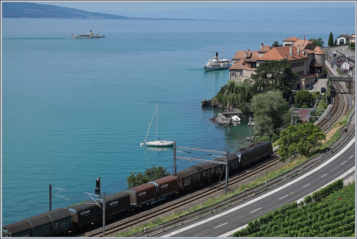 Güterzug von hinten ist nicht so meine Art, doch der Novellis-Zug UND das Schiff liessen sich nur so gemeinsam auf dieses Bild, welches bei einer Wanderung in Rivaz entstanden ist, bringen. 

2. Juli 2019