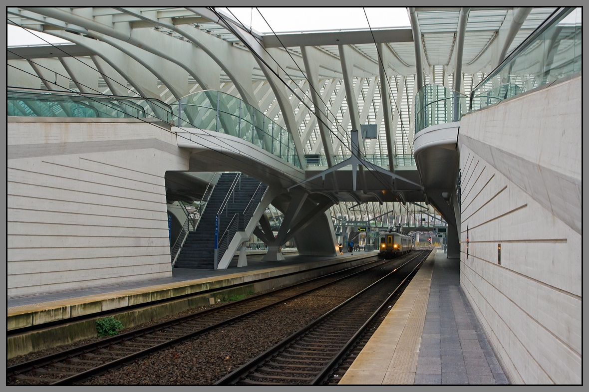 In dem monomentalen Bahnhof von Li�ge Guillemins (L�ttich) wirkt der SNCB/NMBS Triebzug 646 ein AM70 JH sehr winzig. Der hier am 23.11.2013 am Gleis 4 steht. Die Blickrichtung ist Nordost (Richtung Br�ssel).