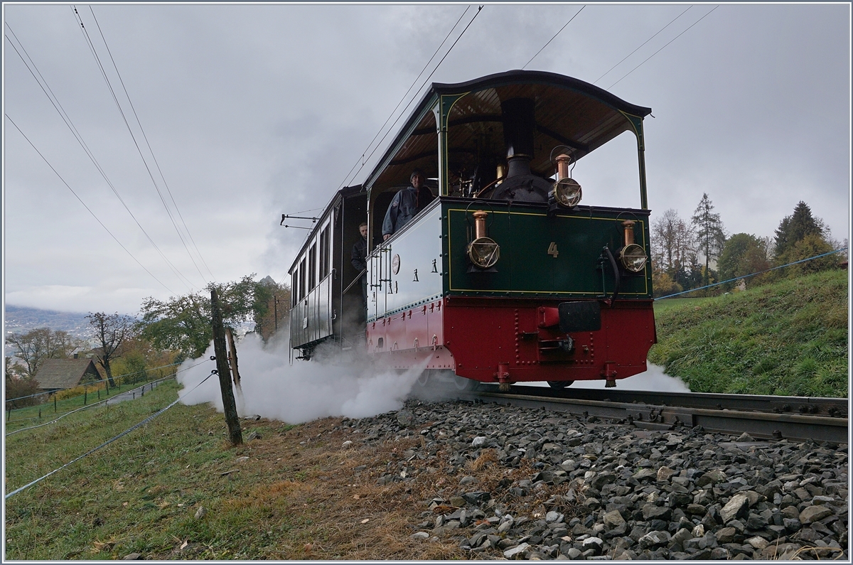 La Dernière du Blonay - Chamby - das 50. Jahre Jubiläum beschliesst die Blonay Chamby Bahn mit einer Abschlussvorstellung und liess es nochmals so richtig dampfen: Und dies tat die  früher bei Ferrovie Padane eingesetzte Lok G 2/2 N° 4 auf der Fahrt nach Chamby in wunderbare Weise, wohl auch dank des etwas kühlen Wetters.

28. Oktober 2018