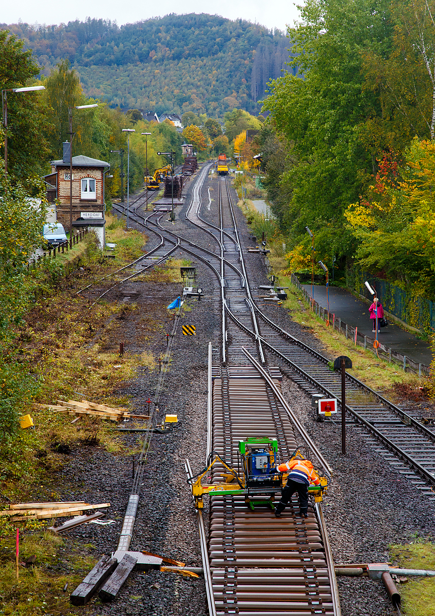 
Mittels einer hydraulischen Schienenumsetzmaschine vom Typ Giesmar MPRM 1032 werden am 15.10.2020 in Herdorf die letzten Meter Schienen auf die Schwellen gesetzt.

Die Schienenumsetzmaschine ist eine selbstangetriebene hydraulisch angetriebene Einheit zum Verlegen und Entfernen von langgeschweißten Schienen mit einem Bediener. Das Gerät stützt sich auf den Schwellen ab, die Schienen werden aufgenommen und können dann bis zu 500 mm angehoben werden. Nun erfolgt die seitliche Verschiebung und die Schienen werden auf die richtige Position auf der Schwelle abgelegt. Das Gerät ist geeignet für Scheinen mit einem Metergewicht von 37 bis 70 kg, die max. Hubkraft beträgt 4.500 kg. Es ist zudem möglich einen hydraulischen Schienenzieher ATR 6 anzuschließen. Das Eigengewicht von dem Gerät beträgt ca. 1.065 kg. 

Der hydraulische Antrieb erfolgt mittels einer HATZ-Hydraulikpumpen-Einheit (Hatz-Außenzahnradpumpe und Dieselmotor). Die Pumpe wird angetrieben von einem HATZ luftgekühltem Einzylinder-4-Takt Dieselmotor mit Direkteinspritzung und horizontale Kurbelwelle vom Typ 1D42C. 
