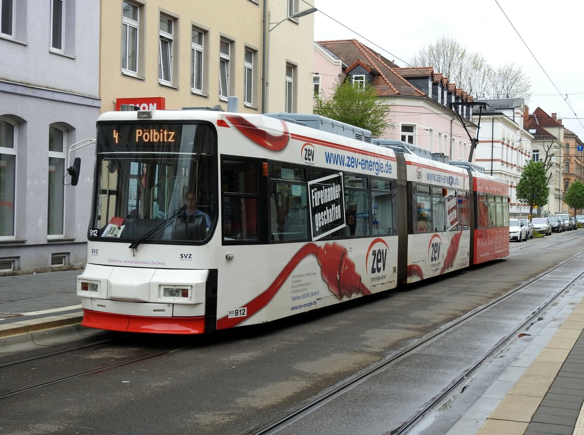 Straßenbahn / Stadtverkehr; Zwickau;    GT 6 M Nr.912 von MAN Baujahr 1993 am Neumarkt in Zwickau am 17.04.2017.