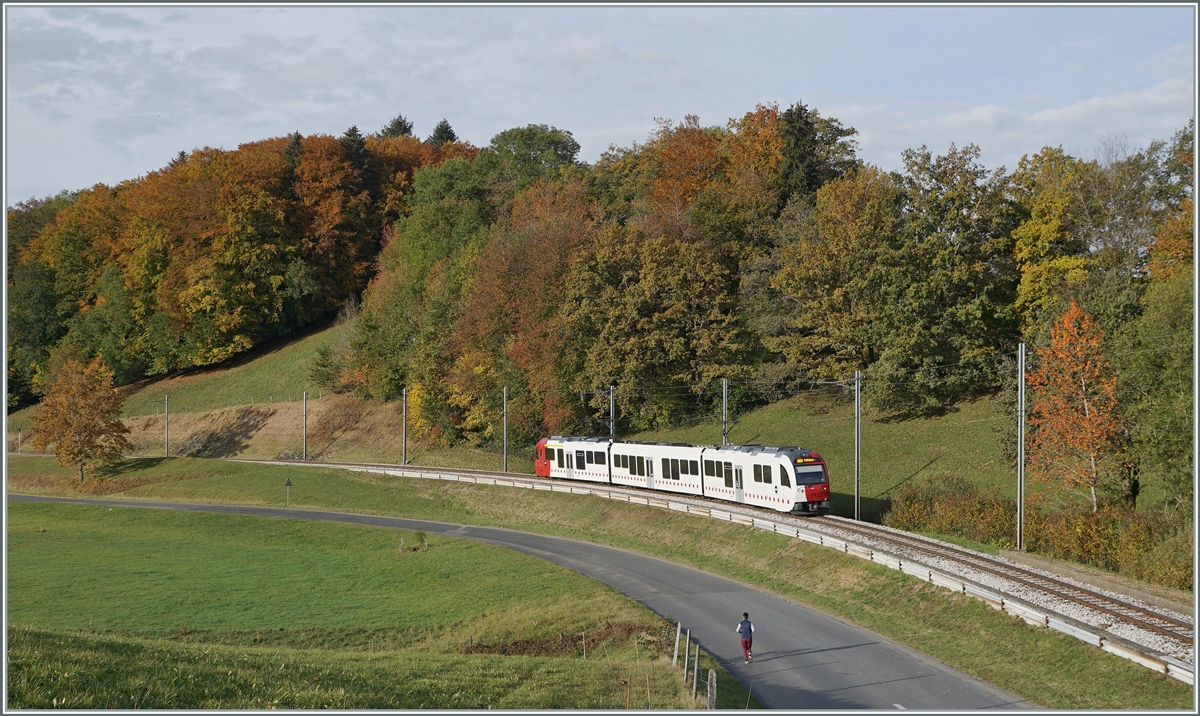 Vor dem bunten Herbstwald zwischen Châltel-St-Denis und Semsalens fährt der TPF SURF ABe 2/4 | B | Be 2/4 N° 104 in Richtung Palézieux. 

22. Ok.t 2020