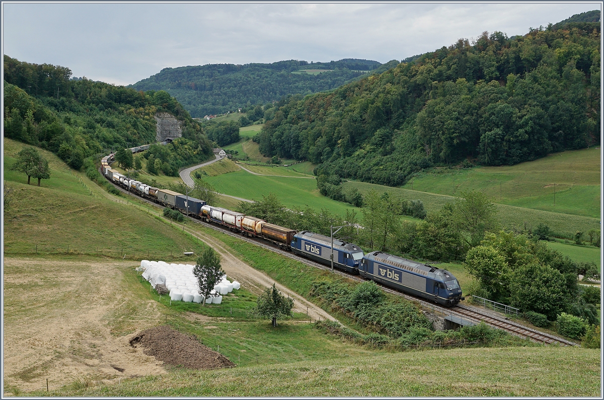 Zwei BLS Re  465 fahren mit einem langen Transitgüterzug zwischen Läufelfingen und Buckten (Alte Hauenstein Line) Richtung Sissach.
7. August 2018