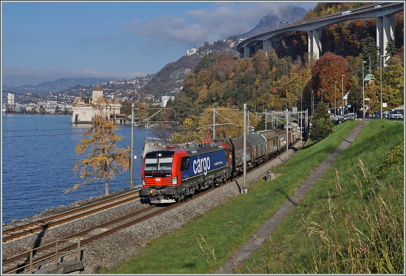 Die an SBB Cargo vermietet 193 060 ist mit einem Güterzug in Richtung Wallis kurz vor Villeneuve unterwegs. Im Hintergrund ist das Château de Chillon zu sehen.

14. November 2024