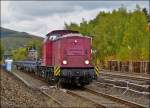 - Gleisbaustelle Bahnhof Herdorf (Erneuerung Gleis 2) - Die V 100.05 (202 726-6) der HGB (Hessische G�terbahn GmbH, Buseck) ex DR 110 726-7, ex DB 202 726-6 steht mit ihren G�terwagen im Bahnhof von