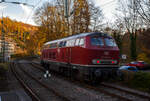 Die alias 215 027-4 eigentlich 225 027-2 (92 80 1225 027-2 D-NEOX) der Neo Lox GmbH Bottrop (NEOX) fährt am 05 November 2025 auf Tfzf (Triebfahrzeugfahrt) / als Lz (Lokzug) durch den Bahnhof Kirchen (Sieg) in Richtung Betzdorf bzw. Köln. 

Die V 163 wurde 1970 von der Friedrich Krupp AG in Essen unter der Fabriknummer 5048 gebaut und an die Deutsche Bundesbahn als 215 027-4 geliefert. Im Jahr 2001 ging sie an die DB Cargo AG und wurde in die heutige 225 027-2 umgebaut und umgezeichnet. Zum Umbau gehörte der Ausbau der Dampfheizung, da diese für Güterzüge nicht mehr benötigt wurde. Stattdessen wurde ein Vorwärm- und Warmhaltegerät für die Maschinenanlage eingebaut. Außerdem besitzen die Loks eine Doppeltraktionssteuerung, die die Doppeltraktion mit Loks der Baureihen 217 und 218 ermöglichen. Im Oktober ging sie an die EfW-Verkehrsgesellschaft mbH in Frechen und im Jahr 2024 an die Neo Lox GmbH.

Die Lok ist nur, mit einer Höchstgeschwindigkeit von 140 km/h, in Deutschland zugelassen, aber auch für Steilstrecken.

Die Lokomotiven der Baureihe 215 wurden kurzfristig als Variante der V160-Familie für den Personen- und Güterverkehr beschafft und dabei im Gegensatz zu anderen Baumustern der V160-Familie mit Heizdampferzeugern ausgerüstet. Geplant war sie im alten Baureihenschema als V 163. Diese Lokomotiven sollten später in die Baureihe 218 umgebaut werden können. Dazu erhielt sie bereits den um 400 Millimeter verlängerten Lokkasten anderer bis dahin nur als Prototyp vorhandener Baureihen. Der Hauptgrund für den Bau der Baureihe 215 lag darin, dass die Reihe 218 noch nicht Serienreife erreicht hatte, die Bundesbahn aber die restlichen noch vorhandenen Dampflokomotiven ersetzen wollte. 1968 bis 1970 wurden insgesamt 150 Lokomotiven gebaut.

Mitte der 1980er erhielten die Maschinen mit 12-Zylinder-V-Motor Abgashutzen auf dem Dach (wie diese). Sie bewirkten eine Beschleunigung und Umlenkung der Abgase, so dass bei klimatisierten Reisezugwagen, welche auf dem Dach die Luftansaugöffnungen hatten, eine Belästigung der Fahrgäste durch Abgase oder Abgasgerüche vermieden wurde. Weiterhin sorgten die Hutzen noch für andere Effekte: die bis zu 280 °C heißen Abgase wurden V-förmig an der Oberleitung vorbeigeleitet, so dass die Oberleitung nicht verrußt wurde und sich nicht zu sehr ausdehnte. Außerdem wurde die Gefahr von Böschungsbränden durch herabsinkende, heiße Rußpartikel reduziert. Auch eine Türschließanlage und Bremsgestängesteller zum automatischen Nachstellen des Bremskolbenhubes wurden nachgerüstet.

Die Lok hat laut Betreiber eine Leistung von 2.720 PS (2.000 kW), bei dieser Leistung dürfte es sich um einen neueren Dieselmotor handeln. Die Leistungsübertragung erfolgt hydraulisch, der Motor treibt ein mittig angeordnetes zweistufiges Strömungsgetriebe (Turbogetriebe) von Voith L 820 brs, über Kardanwellen (Gelenkwellen) werden jeweils die Radsatzgetriebe (2 Stück je Drehgestell) angetrieben und somit alle Achsen angetrieben.
