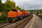 Die KSW 44 (92 80 1271 004-4 D-KSW) eine MaK G 1000 BB fährt am 18 September 2025, mit der erste Fuhre Coilzug der KSW (Wagen der Gattung Shimmns), durch Bahnhof Kirchen/Sieg in Richtung