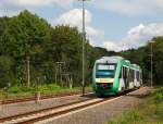 VT 265 (ein LINT 41 / DB BR648) der vectus Verkehrsgesellschaft mbH am 17.08.2010 kurz vor der Einfahrt in den Bf Hachenburg, er kommt aus Richtung Westerburg/Ww  auf der Oberwesterwaldbahn (KBS 461).