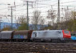   Die PRIMA E 37519 (9187 0037 519-2 F-CBR) der Macquarie European Rail (ex CB Rail) fährt am 09.04.2016 mit einem Coilzug durch Koblenz-Lützel in Richtung Norden.