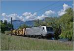 Ein sehr seltener Gast am Genfersee: die AKIEM 64 F4 082 (91 80 189 982-2 D-AKIEM) ist kurz nach Villeneuve mit einer Gleisbaumaschine auf der Fahrt in Richtung Lausanne.