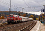 In Doppeltraktion fahren die DB 218 435-6 und die DB 218 483-6 mit dem IC 2012 „Allg�u“ (Oberstdorf - Kempten(Allg�u)Hbf - Stuttgart Hbf - K�ln Hbf - Bochum Hbf) durch den Bahnhof