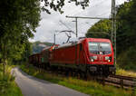 Die DB Cargo 187 157 (91 80 6187 157-3 D-DB) fährt am 26.08.2021 mit einem gemischten Güterzug bei Wissen (Sieg) über die Siegstrecke (KBS 460) in Richtung Köln.