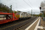 Die E 186 166-5 (91 80 6186 166-5 D-ECR) der ECR - Euro Cargo Rail SAS (Paris) f�hrt am 22 April 2017 mit einem leeren Autotransportzug durch den Bahnhof Au/Sieg in Richtung Siegen.