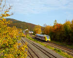   Goldener Oktober - Der VT 505 (95 80 1648 105-2 D-HEB / 95 80 1648 605-1 D-HEB) der HLB (Hessische Landesbahn GmbH), ein Alstom Coradia LINT 41 der neuen Generation, erreicht am 16.10.2017 bald den