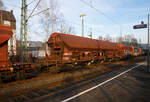Vierachsiger gedeckter Drehgestell-Schüttgutwagen mit dosierbarer Schwerkraftentladung, 31 80 0834 243-4 D-DB, der Gattung Tads 960, der DB Cargo AG am 18.01.2023 im Zugverband bei einer