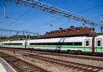 Der gr�n gestreifte ICE 4 der BR 412.0, Tz 9024 der DB Fernverkehr AG am 08 September 2021(als ICE 275) bei der Einfahrt in den Bahnhof Spiez.