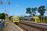 Zwei Alstom Coradia LINT 41 der HLB (Hessische Landesbahn) am 11.08.2014 im Bahnhof Gr�venwiesbach.