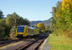   Der VT 505  (95 80 1648 105-2 D-HEB / 95 80 1648 605-1 D-HEB) der HLB (Hessische Landesbahn GmbH), ein Alstom Coradia LINT 41 der neuen Generation, fährt am 01.10.2017, als RB 96