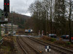 Die eigentlich weiße TXL 7193 317 „Connected to Nature“ (91 80 7193 317-3 D-TXL) der TXL - TX Logistik AG (Troisdorf) fährt am 15 Januar 2026 mit einem KLV-Zug durch Kirchen/Sieg