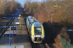X-76799 treft am 13 Februar 2024 in Lingolsheim, unweit von Strasbourg ein mit ein RB Selestat--Strasbourg, die jedocht über eine Dieselstrecke fahrt und nicht über die elektrifizierter Hauptachse Strasbourg--Selestat--Colmar--MUlhouse.