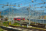 Der Trenitalia am 14.07.2022 aus dem Zug ins Depot / in die Abstellgruppe in Neapel (Napoli) geschaut, hier stehen vier ETR 400 / Frecciarossa 1000 ( Rote Pfeil 1000 ).