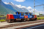 Die beiden ex SBB Tm IV Diesellok (Rangiertraktor mit Dieselantrieb), die 232 132-1 (Tm 98 85 5 232 132-1 CH-SBBC) und die 232 140-4 (Tm 98 85 5 232 140-4 CH-SBBC) sind am 26.05.2023 beim Bahnhof