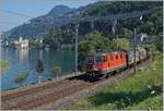 Die SBB Re 420 327-9 mit einem Güterzug kurz vor Villeneuve.
