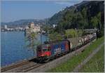 Die SBB Re 6/6 11665 (Re 620 065-3)  Ziegelbrücke  mit einem Güterzug kurz vor Villeneuve; im Hintergrund das Château de Chillon.
