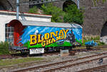 Der vierachsige gedeckte Güterwagen GMF K 672 (der Werbewagen der Museumsbahn Blonay-Chamby, tpf Gak 672, ex GMF K 672, ist am 26.05.2012 beim Bahnhof Vevey abgestellt.