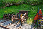 Drei unterschiedliche Zahnradsysteme gesehen am 27.05.2023 im Museumsareal in Chaulin der Museumsbahn Blonay–Chamby.