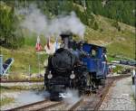 - 2012 in Oberwald - Nachdem die DFB HG 3/4 N� 1  Furkahorn  ihren Zug am 16.09.2012 nach Oberwald gebracht hat, f�hrt sie r�ckw�rts auf die Drehscheibe.