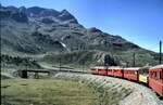RhB ABe 4/4 II Nr.44 und Nr.47 auf dem Bernina Hochplateau im August 1990.