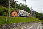 Der FART Gelenk-Triebwagen ABe 4/6 54 „Intragna“  am 02.08.2019  hat seinen Endbahnhof  Camedo erreicht, und steht nun wieder zur R�ckfahrt nach Locarno bereit.